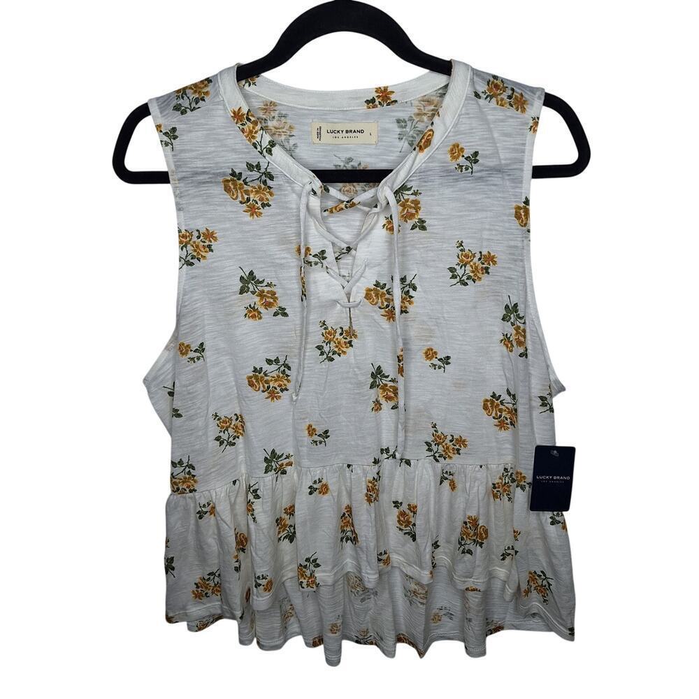 Lucky Brand Floral Peplum Top Large Boho Lace Up Peasant Bohemian Romantic